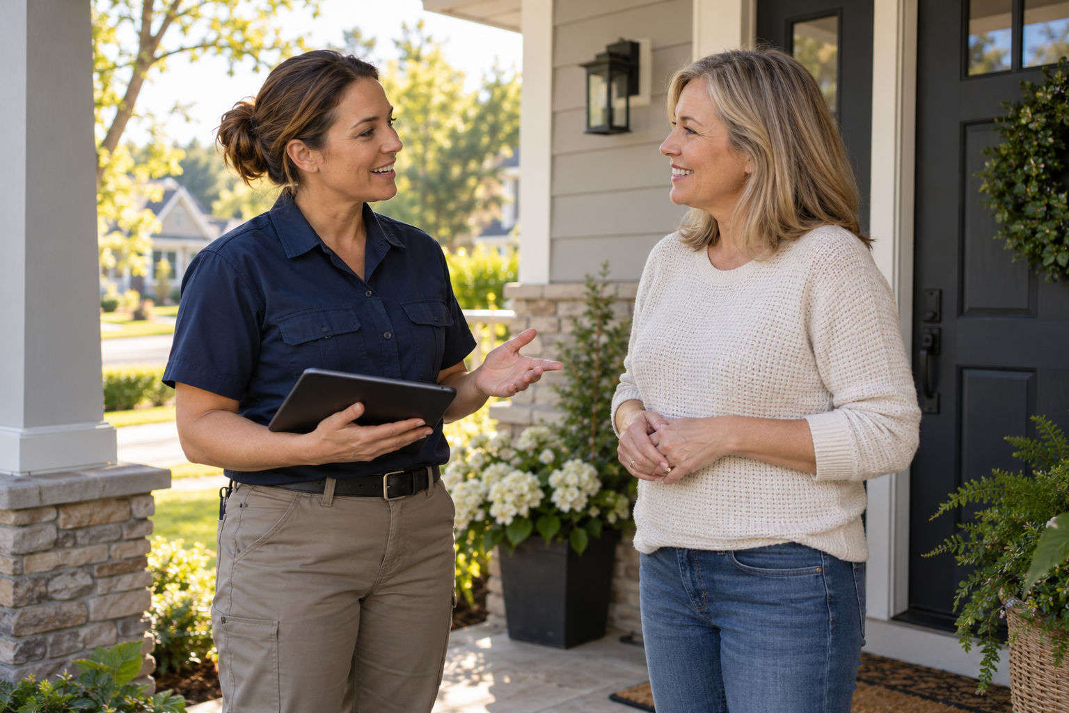 Home service professional speaking with a homeowner on a front porch
