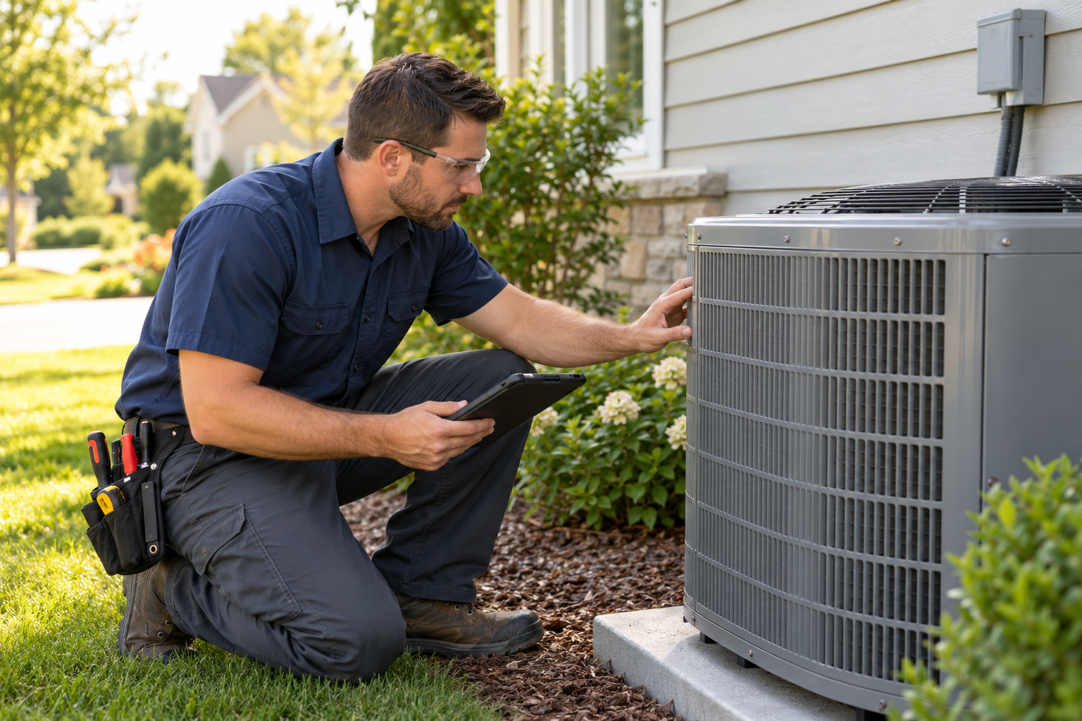 HVAC technician inspecting an outdoor air conditioning unit