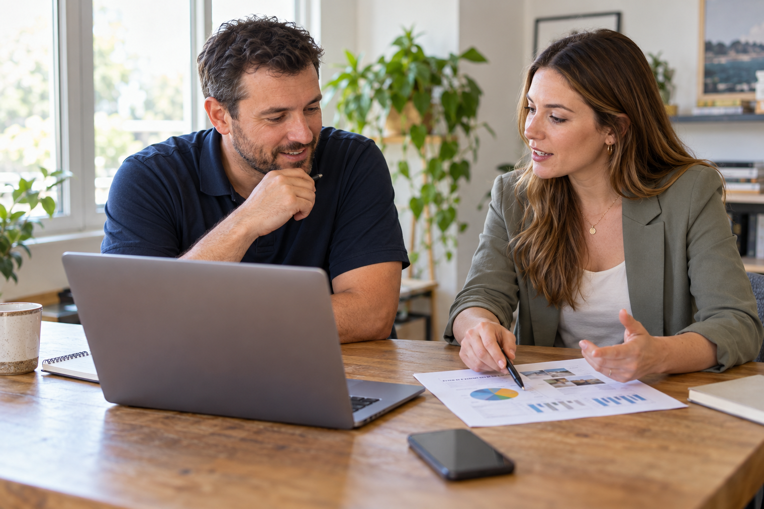 Business owner and marketing consultant reviewing a plan together